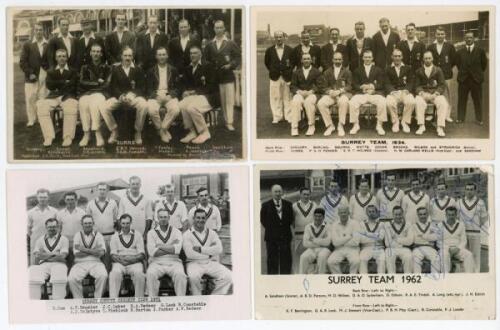 Surrey team postcards c.1926-1962. Four original ‘official’ mono real photograph postcards of Surrey teams. Teams are c.1926 (C.E. Smith, Oval Bookstall, repair to lower right corner), 1934, 1951 (plain back by A. Wilkes & Co.), and 1962 (F.C. Dick, Oval 