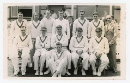 Leicestershire 1938. Mono plain back real photograph postcard of the Leicestershire team seated and standing in rows wearing cricket attire. The postcard with official stamp to verso for A. Wilkes & Son, West Bromwich, with typed caption listing the playe