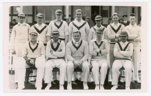 Lancashire 1939. Mono plain back real photograph postcard of the Lancashire team seated and standing in rows wearing cricket attire. The postcard with official stamp to verso for A. Wilkes & Son, West Bromwich, with typed caption listing the players inclu