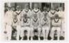 Lancashire 1939. Mono plain back real photograph postcard of the Lancashire team seated and standing in rows wearing cricket attire. The postcard with official stamp to verso for A. Wilkes & Son, West Bromwich, with typed caption listing the players inclu