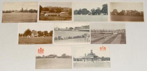 English cricket grounds early 1900s onwards. Nine mono postcards, the majority real photographs, depicting cricket grounds. Subjects include ‘Nottingham, County Cricket Ground [Trent Bridge]’ with red city coat of arms 1905, Raphael Tuck “Town & City” ser