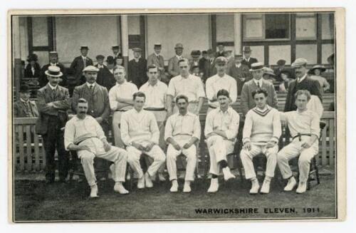 Warwickshire. Willie Quaife Benefit match 1911. Mono plain back postcard of the Warwickshire team seated and standing in rows wearing cricket attire in front of the pavilion. Printed title ‘Warwickshire Eleven 1911’ to lower corner. The match v Surrey was