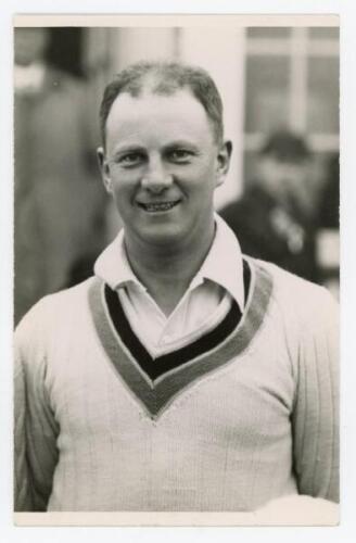 Walter Lancashire. Hampshire 1935-1937. Mono real photograph postcard of Hampshire, head and shoulders, wearing cricket attire. Stamps to verso for A. Wilkes & Son, West Bromwich, and ‘W.R. Lancashire. Hampshire 1937’. VG