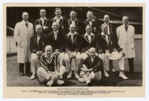 ‘Old England Team 1946’. Mono real photograph postcard of the Old England team seated and standing in rows wearing cricket attire and blazers. Printed title and players’ names to lower border. Players are Hendren, Jardine, Fender, Sutcliffe, Woolley, Knig