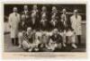 ‘Old England Team 1946’. Mono real photograph postcard of the Old England team seated and standing in rows wearing cricket attire and blazers. Printed title and players’ names to lower border. Players are Hendren, Jardine, Fender, Sutcliffe, Woolley, Knig