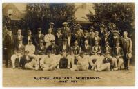 ‘Australians and Northants, June, 1921’. Scarce original sepia real photograph postcard of the two teams for the tour match, Northamptonshire v Australians at Northampton, 22nd & 23rd June 1921. The players and officials are depicted seated and standing i