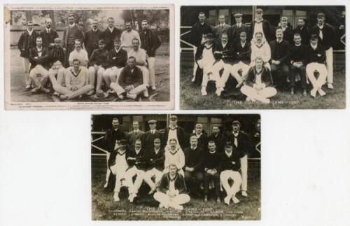 Cricket postcards. Three different mono real photograph postcards of the South African touring party to England in 1907, seated and standing in rows. Philco Publishing Co of London, Scott, Manchester and one other. Sold with two colour printed postcards o