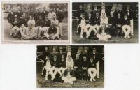 Cricket postcards. Three different mono real photograph postcards of the South African touring party to England in 1907, seated and standing in rows. Philco Publishing Co of London, Scott, Manchester and one other. Sold with two colour printed postcards o