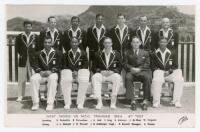 ‘West Indies vs M.C.C. Trinidad 1954. 4th Test’. Rare real photograph plain back postcard of the West Indies team seated and standing in rows wearing cricket attire and blazers for the 4th Test, Port of Spain, 17th- 23rd March 1954. Printed title and play