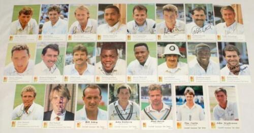 Cornhill Insurance signed collectors’ cards. Twenty three player cards, each signed by the featured player. Cards are Series C, Athey, Emburey, Jarvis, and Series E, Atherton, Bailey, Capel, DeFreitas, Fairbrother, Fraser, Gooch, Hemmings, Hussain, Illing