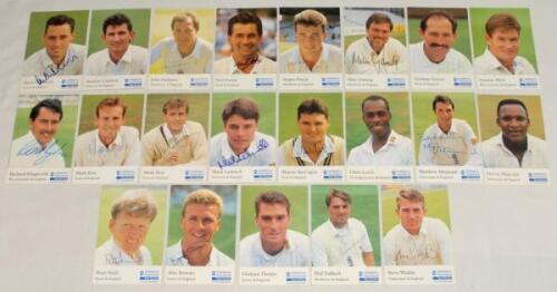 Cornhill Insurance signed collectors’ cards. Twenty one ‘Series G’ player cards, each signed by the featured player. Cards are Bicknell, Caddick, Emburey, Foster, Fraser, Gatting, Gooch, Hick, Illingworth, Ilott (2 different), Lathwell, McCague, Lewis, Ma