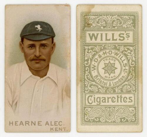 Wills’s Cigarettes ‘Cricketers’. W.D. & H.O. Wills, Bristol & London, 1896. Individual card from the series of fifty, of Alec Hearne, Kent. Minor staining, otherwise in good/ very good condition