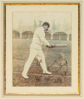 Joe Darling. Australia Captain. Rare sepia photograph of Darling, full length wearing Australian cap, playing a shot to the off side. Nicely signed in ink ‘Yours sincerely, Joe Darling, 22nd February 1908’. The mounted photograph measures approx 4.25”x6” 