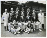 Old England v Surrey 1946. Original mono press photograph of the Old England team who played Surrey at the Oval in May 1946. The photograph signed in ink by all twelve players featured plus the umpires, Jack Hobbs and Herbert Strudwick. Players’ signature