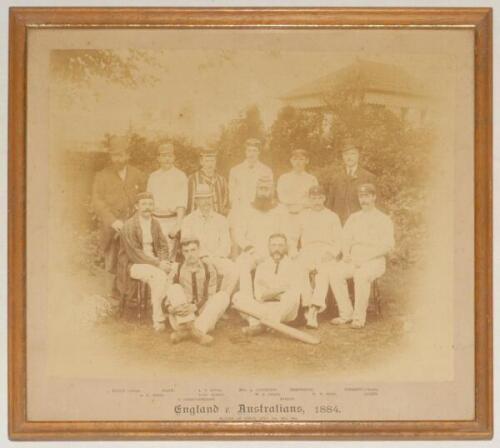 England v Australians 1884. Early original sepia photograph of the England team for the second Test match played at Lord’s, 21st- 23rd July 1884, standing and seated in rows wearing blazers, caps and cricket attire. The photograph laid down to official ph