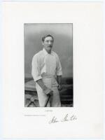 John Shuter. Kent, Surrey and England 1874-1909. Bookplate photograph of Shuter, three quarter length, holding a cricket bat to his side, titled ‘J. Shuter’, very nicely signed in black ink to lower border by Shuter. The bookplate photograph taken from th