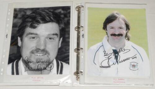 Signed modern cricket photographs. White folder comprising a total of nineteen signatures, the majority signed to colour photographs of player portraits and in match action. Signatures include Mike Gatting, Jack Russell, Ryan Sidebottom, Nasser Hussain, S