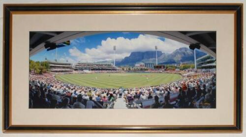 South Africa v England, Cape Town 1996. Excellent large and impressive colour panoramic photograph, by Giles Ridley, taken on the third/fourth day of the Fifth Test, January 1996. The photograph is taken looking across to Table Mountain with a large Test