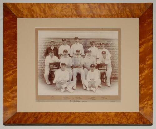 Yorkshire 1899. Original mono photograph of the Yorkshire team seated and standing in rows wearing cricket attire and Yorkshire caps. Players featured are Lord Hawke (Captain), Hirst, Jackson, Mitchell, Smith, Rhodes, Denton, Whitehead, Tunnicliffe, Hunte