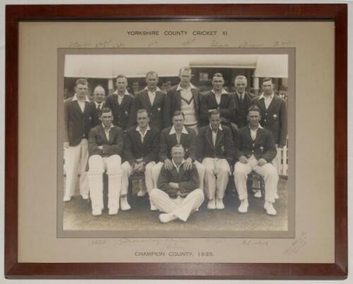 ‘Yorkshire County Cricket XI. Champion County, 1935’. Large original mono photograph of the Yorkshire team seated and standing in rows wearing cricket attire and blazers. The photograph, by Albert Wilkes & Son, West Bromwich, measures 14.75”x11”, laid dow