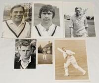 Cricket photographs. Mixed selection of twelve mono and sepia press photographs of Test and county players, six signed, nearly all head and shoulders. Photographs include Stan McCabe (Australia), Srikkanth (India), Maurice Leyland, Bill Edrich and Alec Be