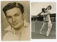 Richard ‘Richie’ Benaud. New South Wales & Australia 1948-1964. Three original mono press photographs of Benaud in various poses. Each photograph signed in ink by Benaud. Photographs by Sport & General and Reuter. Various sizes, 6”x8” and smaller. Slight 