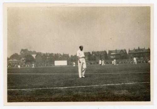 Australia tour to England 1930. Three original previously unpublished candid-style mono photographs depicting play in progress at Trent Bridge. One features Don Bradman close to the boundary edge, the scoreboard in the background. The other two images are