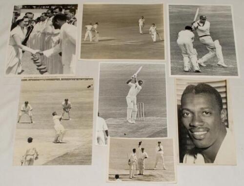 West Indies 1950s-1960s. Five original mono press photographs and two restrikes depicting West Indies cricket action. Images include Princess Margaret being introduced to the teams for the match Barbados v British Guiana at the Kensington Oval, date stamp