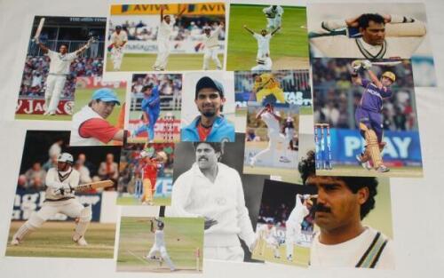 India player photographs 1980s-2010s. Forty mainly colour press photographs of player portraits, match action etc. Players include Kapil Dev, Raina, Hirwani, Yuvraj, Manjrekar, Sharma, Azharuddin, Gambhir, Ashwin, Gavaskar, Nehra, B. Kumar, Dravid, Dhoni,