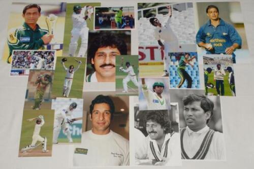 Pakistan player photographs 1980s-2010s. Twenty five mainly colour press photographs of player portraits, match action etc. Players include Wasim Akram, Umar Amin, Asif Mujtaba, Salman Butt, Rameez Raja, Irfan, Shoaib Akhtar, Sarfraz Nawaz, Zahoor Elahi, 