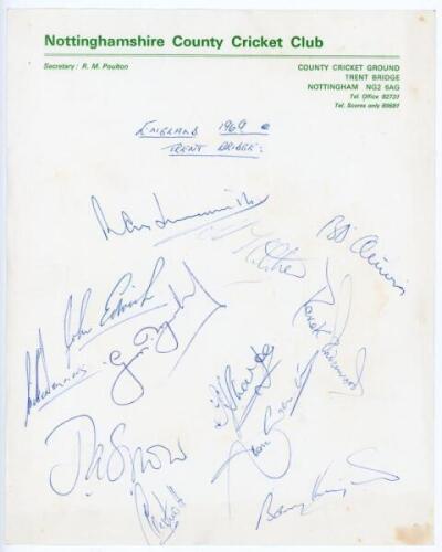 England v New Zealand 1969. Official autograph sheet on Nottinghamshire C.C.C. letterhead, signed by the twelve members of the England team for the 2nd Test at Trent Bridge, 7th- 12th August 1969. Signatures are Illingworth (Captain), D’Oliveira, Fletcher