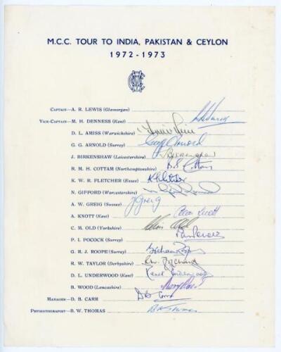 M.C.C. tour to India, Pakistan & Ceylon 1972/73. Official M.C.C. autograph sheet with printed names, signed in ink by seventeen members of the touring party. Players’ signatures are Denness, Amiss, Arnold, Birkenshaw, Cottam, Fletcher, Gifford, Greig, Kno