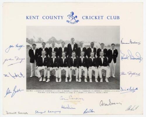 Kent. Official ‘Kent County Cricket Club’ printed photograph of the 1967 Gillette Cup winning team standing and seated in rows wearing blazers. Signed to the borders by fifteen players. Signatures are Cowdrey (Captain), Sayer, Leary, Dixon, Wilson, Brown,