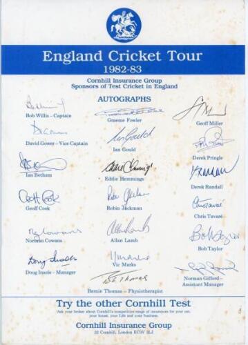 England tour to Australia 1982/83. Official autograph sheet with printed names, fully signed in ink by all nineteen members of the touring party. Players’ signatures are Willis (Captain), Gower, Botham, Cook, Cowans, Fowler, Gould, Hemmings, Jackman, Lamb