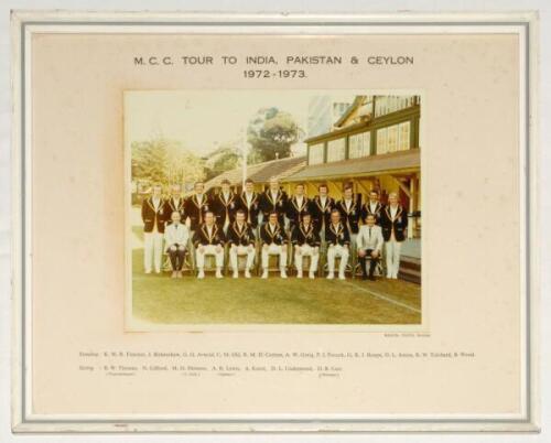 M.C.C. tour to India, Pakistan & Ceylon 1972/73. Official colour photograph of the M.C.C. touring party seated and standing in rows wearing tour blazers. The photograph, by Bristol Photo, Bombay, measures 10”x8”, laid to photographer’s mount with printed 