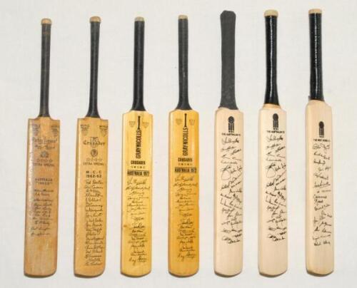 Miniature bats with facsimile printed signatures 1960s/1970s. Two bats from the 1962/63 M.C.C. tour to Australia, one a Nicholls ‘Richie Benaud Autograph’ bat with signatures of the Australians, the other a Nicholls ‘Crusader’ bat with signatures of the M