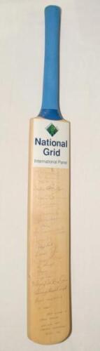 Michael Henry ‘Mike’ Denness. Kent, Essex & England 1962-1980. Full size bat with ‘National Grid International Panel’ label to face, signed to the face by twenty umpires and presented to Denness, ‘To Mike, Best wishes & many thanks. National Grid Umpires 