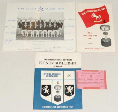 Michael Henry ‘Mike’ Denness. Kent, Essex & England 1962-1980. Kent C.C.C. Gillette Cup Winners 1967. Official programme and match ticket for the Final, Kent v Somerset, Lord’s 2nd September 1967 (old tape marks to both). Souvenir scorecard with scores fo