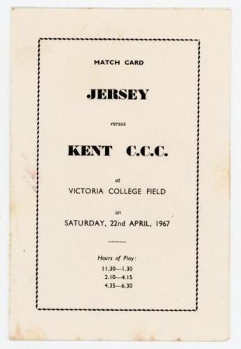 Michael Henry ‘Mike’ Denness. Kent, Essex & England 1962-1980. Kent C.C.C. pre-season tour to Jersey 1967. Scarce official match score card and souvenir programme for Jersey v Kent, Victoria College Field, 22nd (and 23rd) April 1967. The scorecard with te