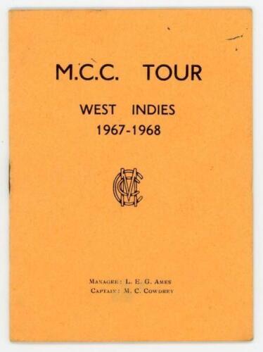 Michael Henry ‘Mike’ Denness. Kent, Essex & England 1962-1980. M.C.C. tour of the West Indies 1967-68. Official players itinerary for the M.C.C. tour with list of players, itinerary & engagements pages, postal & telegraph information etc. Crossing out to 