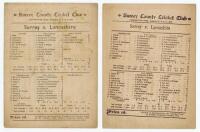 Surrey v Lancashire 1894 & 1895. Two official scorecards for the matches played at The Oval 16th- 18th August 1894 and 15th- 17th August 1895. The 1894 with incomplete printed scores, the 1895 with complete printed scores. Minor age toning, otherwise in v