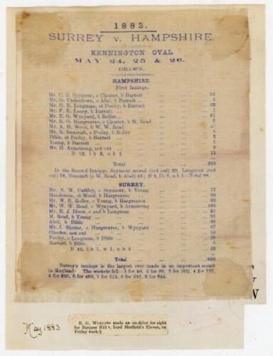 Surrey v Hampshire 1883. Early commemorative silk scorecard for the match played at The Oval, 24th-26th May 1883. In the drawn match, Surrey’s total of 650 runs in their only innings was the highest to that date in first-class cricket. Laid down to card i