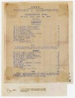 Surrey v Hampshire 1883. Early commemorative silk scorecard for the match played at The Oval, 24th-26th May 1883. In the drawn match, Surrey’s total of 650 runs in their only innings was the highest to that date in first-class cricket. Laid down to card i