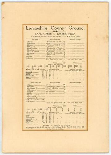 Lancashire v Surrey 1928. Original scorecard for the match played at Old Trafford on the 2nd-5th June 1928. This was Charlie Hallows Benefit match. In the match which was drawn and in a high scoring game, Surrey made 567 all out with Sandham making 282 (r