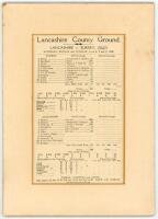 Lancashire v Surrey 1928. Original scorecard for the match played at Old Trafford on the 2nd-5th June 1928. This was Charlie Hallows Benefit match. In the match which was drawn and in a high scoring game, Surrey made 567 all out with Sandham making 282 (r