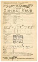 Warwickshire v Northamptonshire 1923. Official scorecard for the match played at Edgbaston, 8th- 10th August 1923. Incomplete printed and handwritten scores in ink. Notable names include Bernard Quaife, Willie Quaife, Calthorpe, Santall, Woolley, Walden e