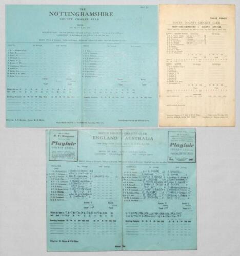 Trent Bridge scorecards 1951-1953. Three official scorecards for Test matches played at Trent Bridge. Includes two tour matches, Nottinghamshire v South Africa, 26th- 29th May 1951, and v India, 5th- 8th July 1952, both with incomplete scores, some annota