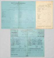 Trent Bridge scorecards 1951-1953. Three official scorecards for Test matches played at Trent Bridge. Includes two tour matches, Nottinghamshire v South Africa, 26th- 29th May 1951, and v India, 5th- 8th July 1952, both with incomplete scores, some annota