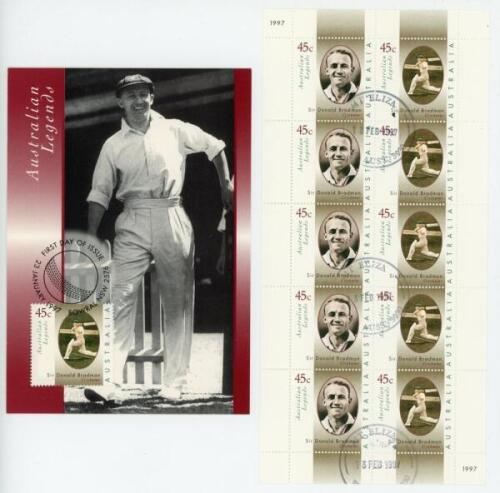 Australian Legends ‘Sir Donald Bradman’. An Australian Legends Don Bradman postcard with 45c stamp, postmarked First Day of Issue, Bowral, 23rd January 1997. A similar commemorative cover postmarked for the Fourth Test, Adelaide Oval, 28th January 1997, a