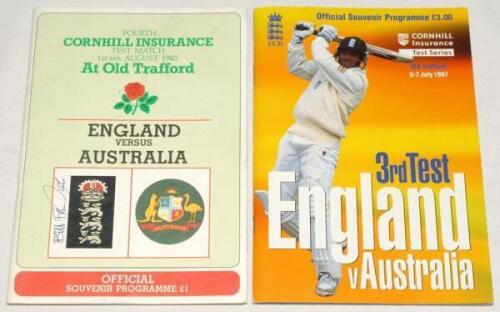 The Ashes. England v Australia 1985 and 1997. Two signed official programmes. One for the fourth Test, Old Trafford, 1st- 6th August 1985. Twenty two signatures including Gower, Agnew, Downton, Gatting, Gooch, Lamb, Border, Boon, Matthews, Ritchie, Wellha